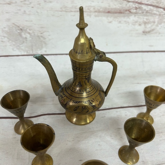 6 Pc Set Brass Teapot coffee pot Goblets Brass Intricate Etched Mini Doll - Picture 2 of 14